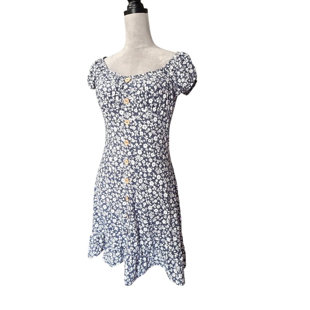 Derek Heart Navy Blue Floral Milkmaid Mini Dress Button Front Ruffle Hem Medium - Picture 6 of 8